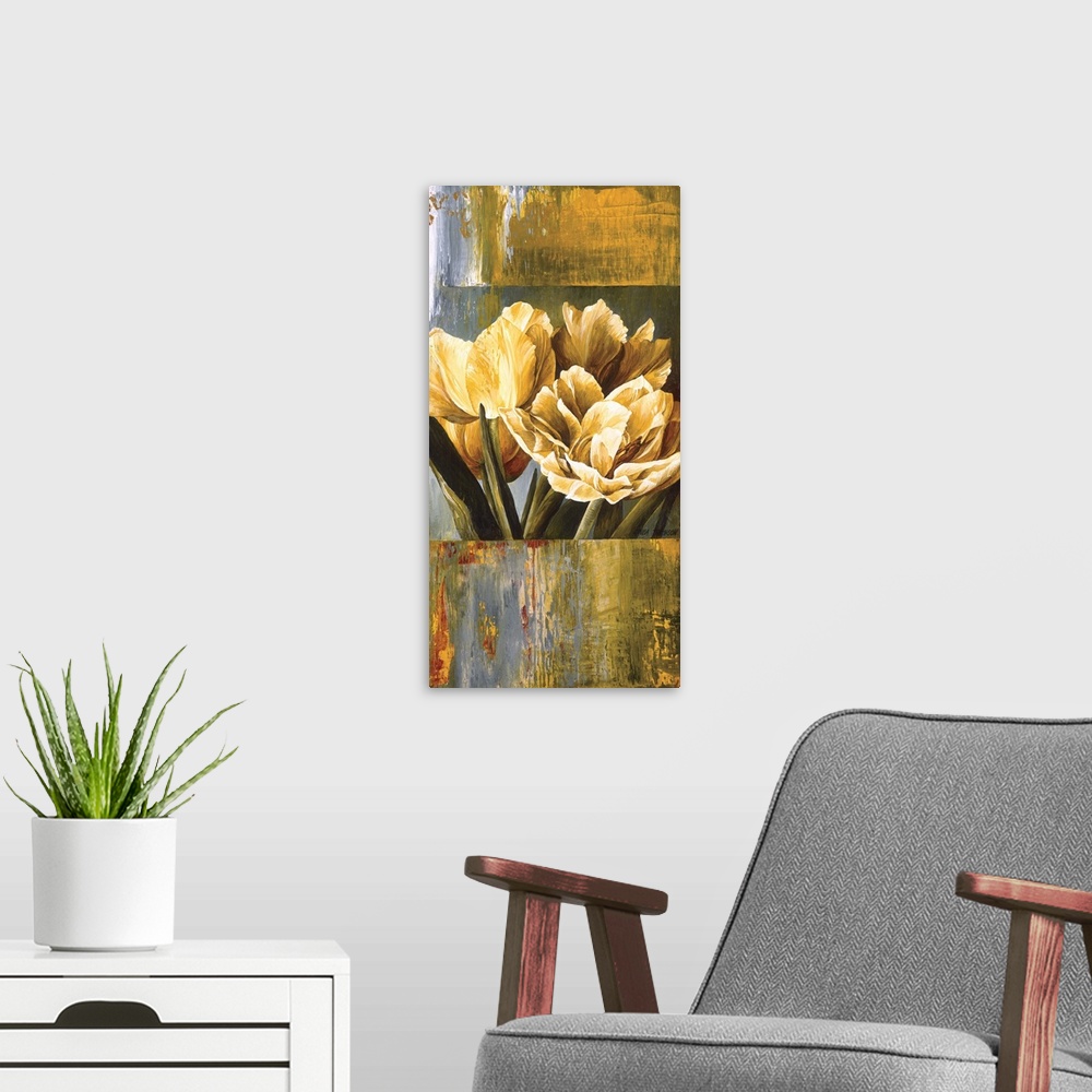 A modern room featuring A long vertical design of yellow tulips edged with a textured orange and green border.