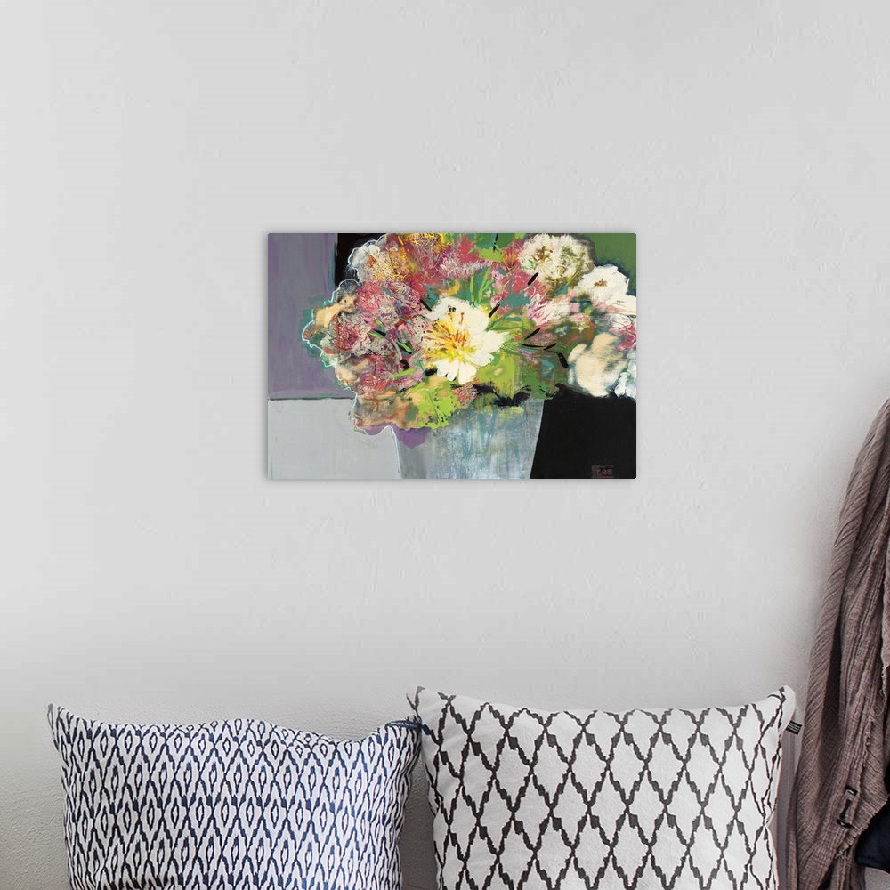 A bohemian room featuring A modern abstract painting of a bouquet of multi-colored flowers in a gray vase.