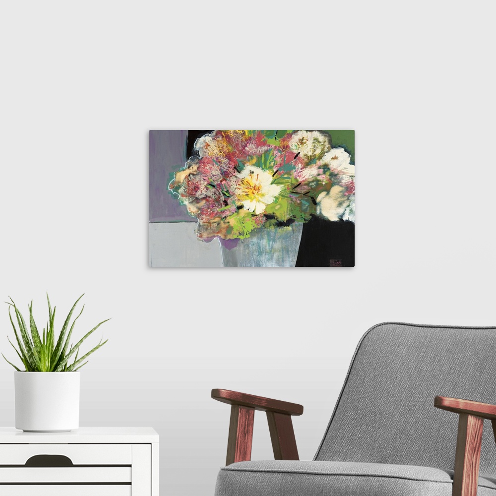 A modern room featuring A modern abstract painting of a bouquet of multi-colored flowers in a gray vase.