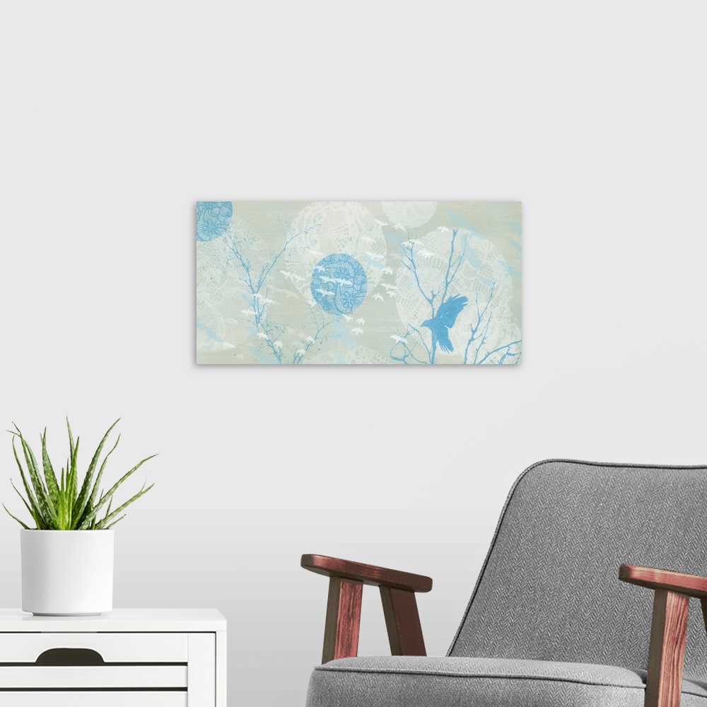 A modern room featuring A mixed media design of birds in blue and white among trees with circular lace shapes in the back...
