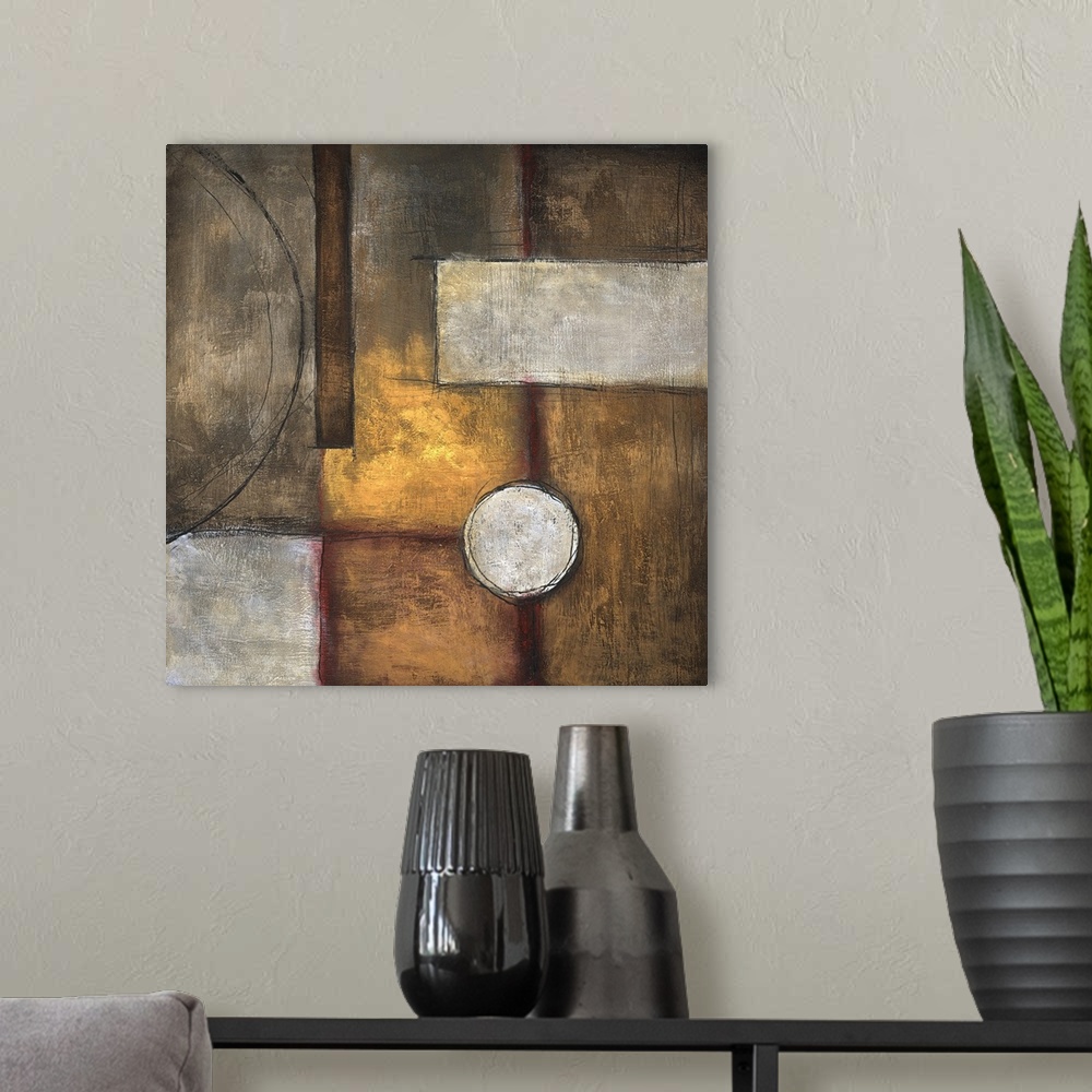 A modern room featuring Abstract painting of squared shapes, overlapped with circular elements, done in textured earth to...