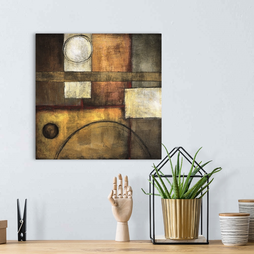 A bohemian room featuring Abstract painting of square and rectangle shapes overlapped with circular elements, all done in e...