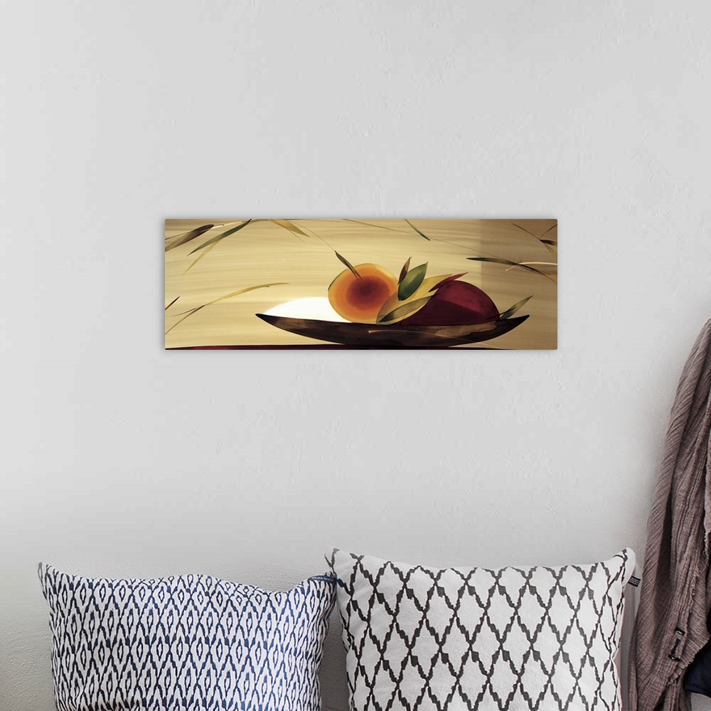 A bohemian room featuring A long horizontal painting in a modern design of fruit in a bowl on a neutral backdrop.