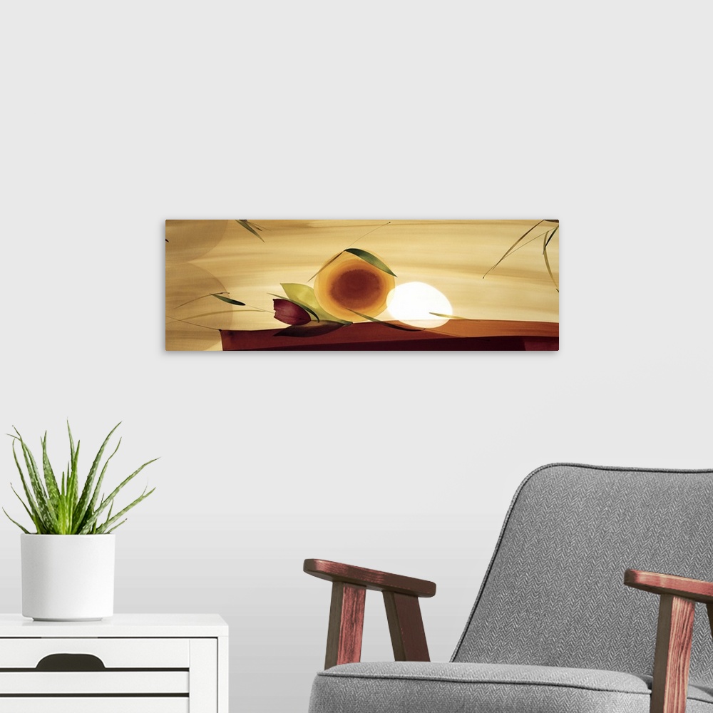 A modern room featuring A long horizontal painting in a modern design of fruit in a bowl on a neutral backdrop.