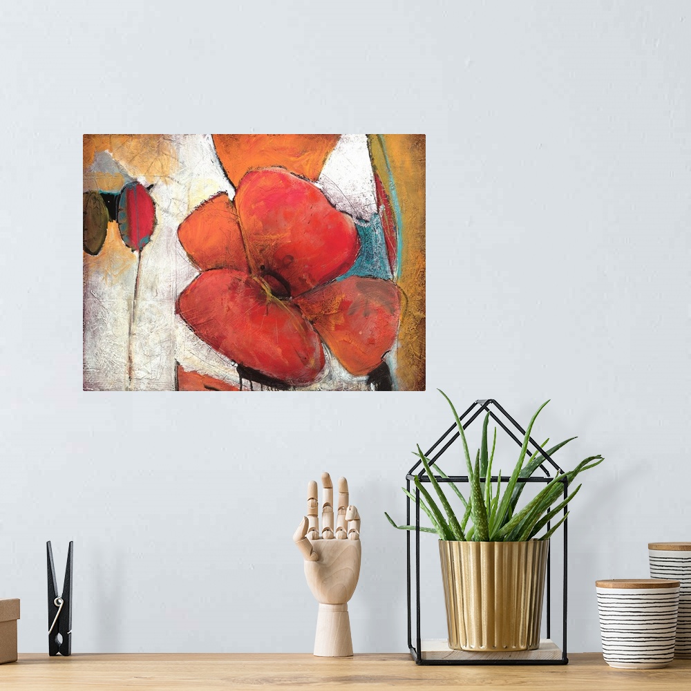 A bohemian room featuring An abstract painting in textured paint of large flower blooms on the neutral background.