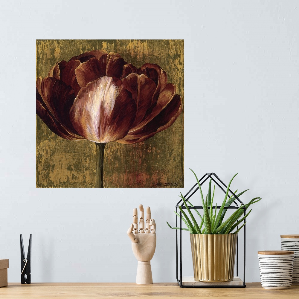 A bohemian room featuring Contemporary painting of a large blooming flower in shades of red, brown and green.