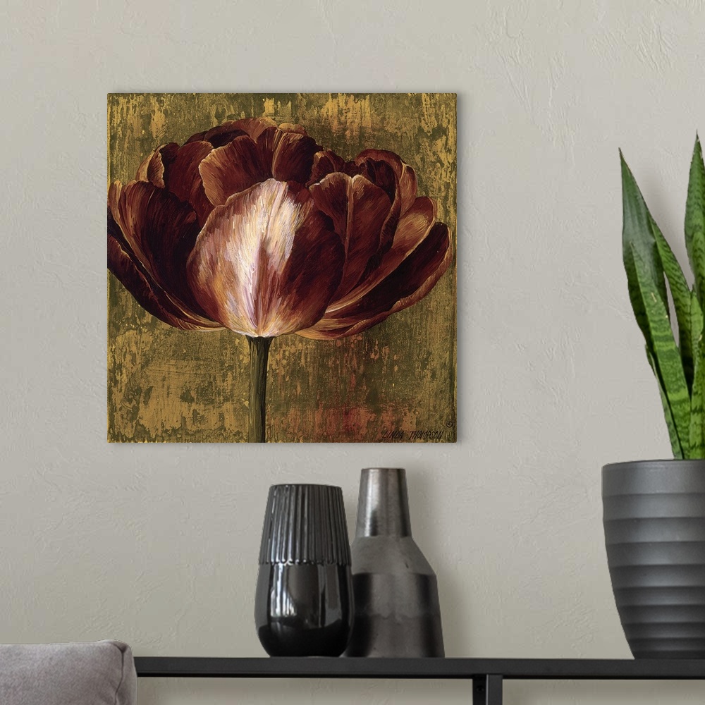 A modern room featuring Contemporary painting of a large blooming flower in shades of red, brown and green.