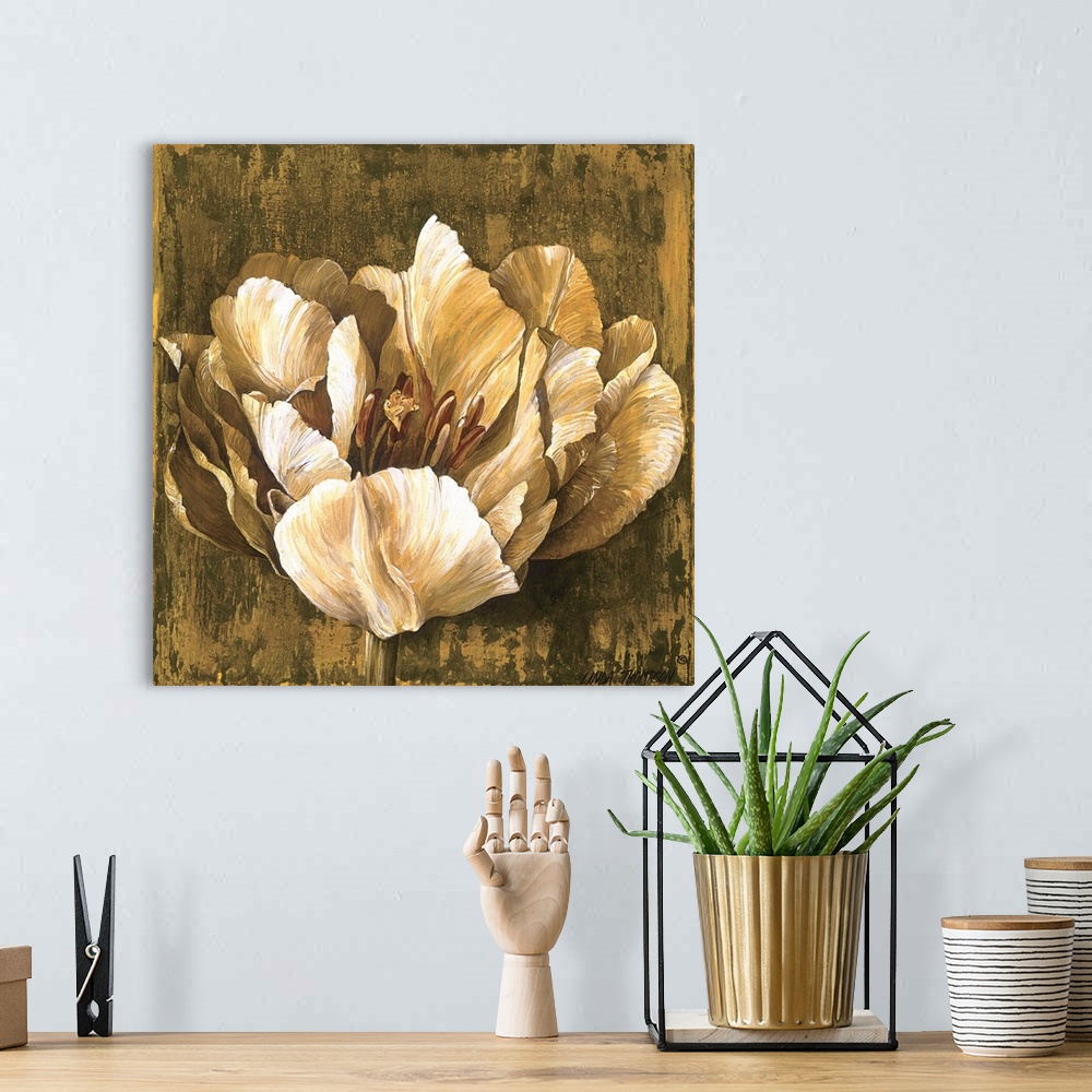 A bohemian room featuring Contemporary painting of a large blooming flower in shades of white, brown and green.