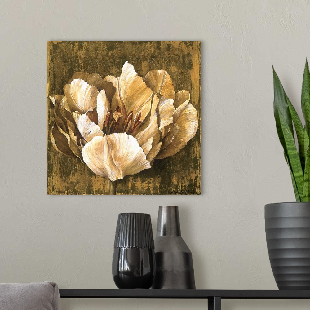 A modern room featuring Contemporary painting of a large blooming flower in shades of white, brown and green.