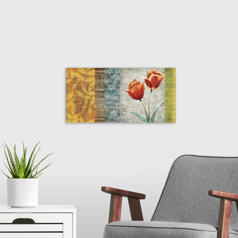A modern room featuring Decorative artwork of panels with different flowers and leaves.