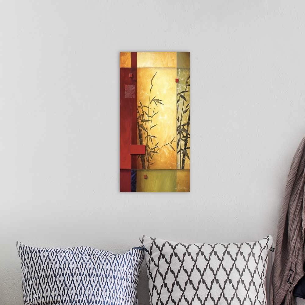 A bohemian room featuring A contemporary painting of bamboo bordered with a square grid design.