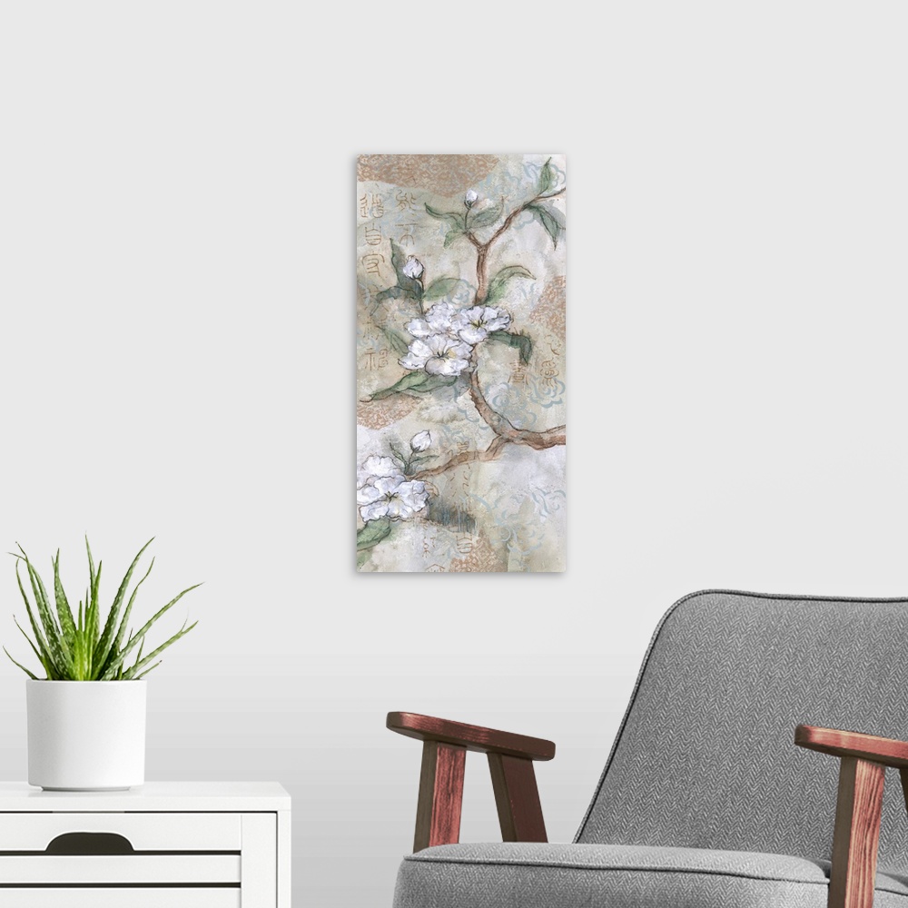A modern room featuring An Asian inspired vertical artwork of white cherry blossoms with Chinese calligraphy overlapping.