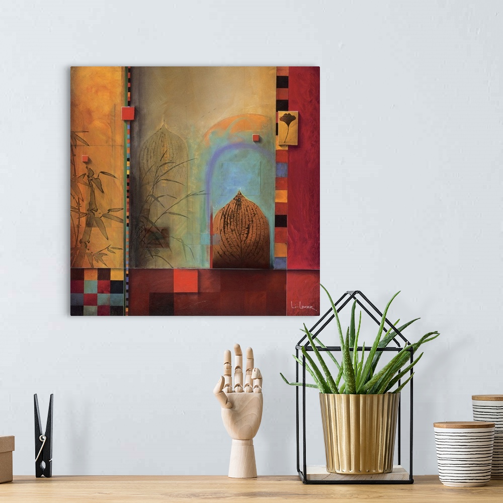 A bohemian room featuring A contemporary painting of bamboo, leaves, and a door bordered with a square grid design.