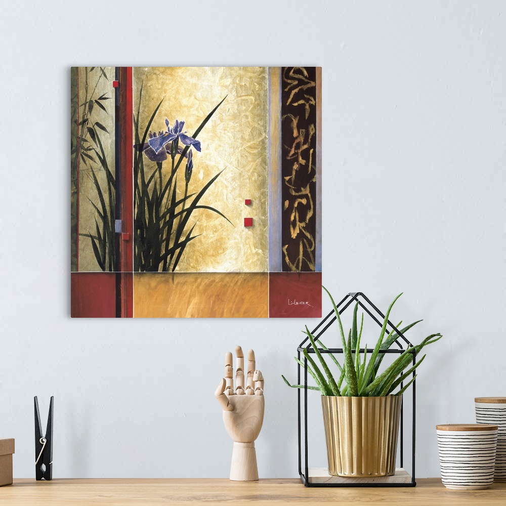A bohemian room featuring A contemporary painting of purple irises bordered with a square grid design.