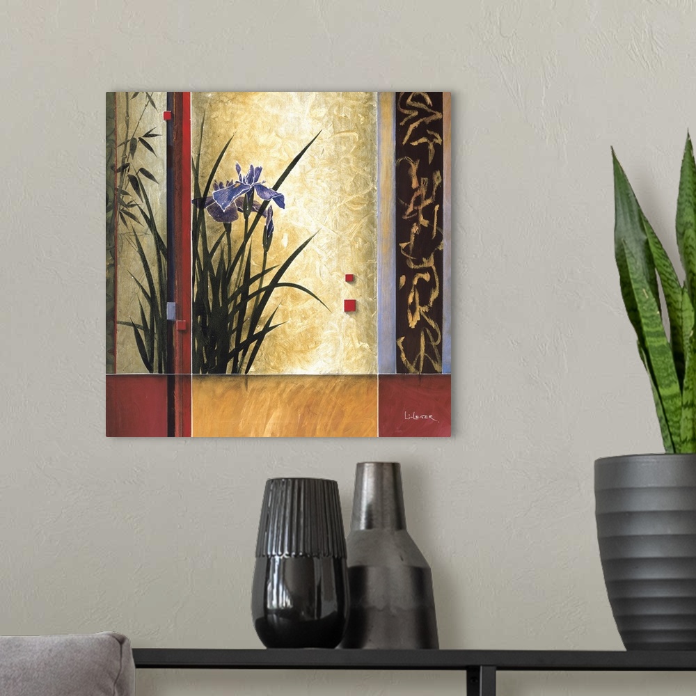 A modern room featuring A contemporary painting of purple irises bordered with a square grid design.