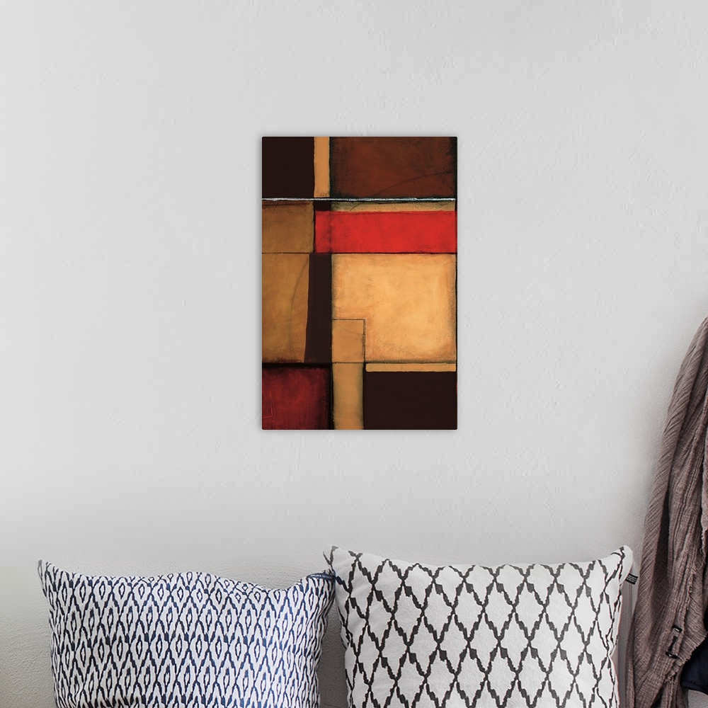 A bohemian room featuring Abstract painting of rectangle shapes overlapping in earth color tones.