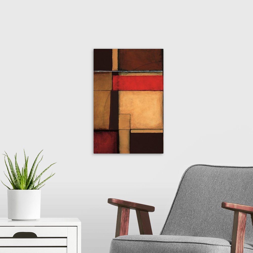A modern room featuring Abstract painting of rectangle shapes overlapping in earth color tones.