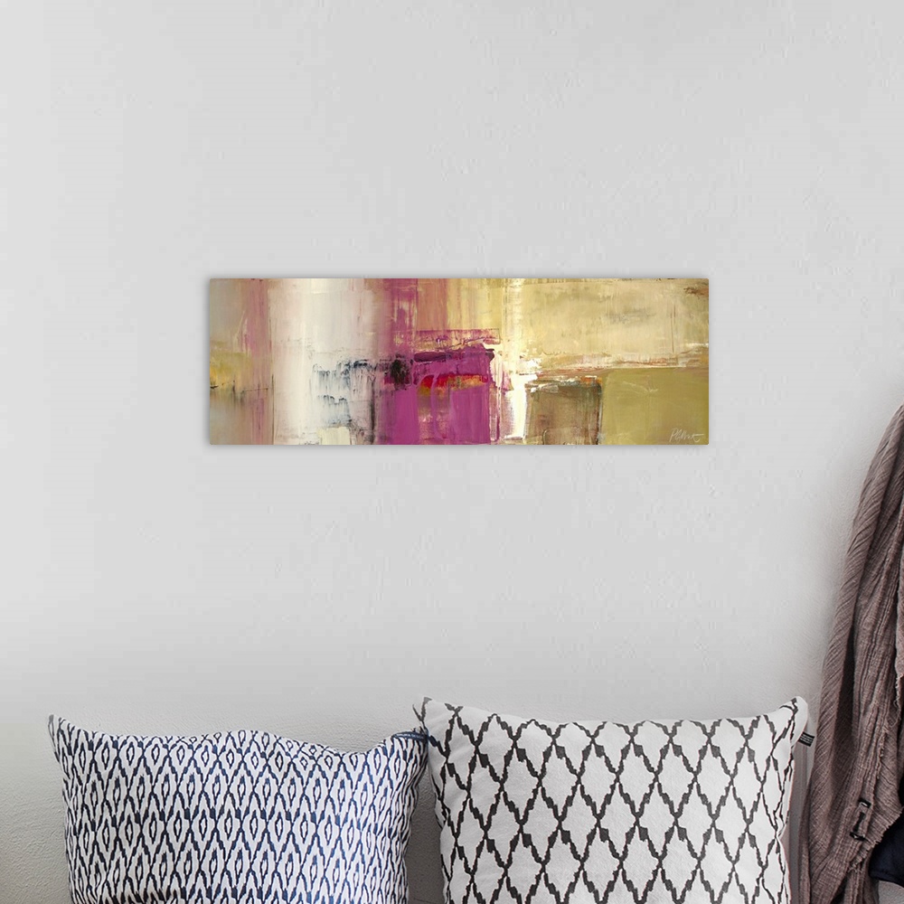 A bohemian room featuring A horizontal abstract painting in textured colors of purple, red and brown in box shapes.