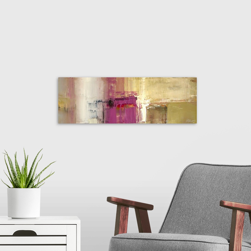 A modern room featuring A horizontal abstract painting in textured colors of purple, red and brown in box shapes.