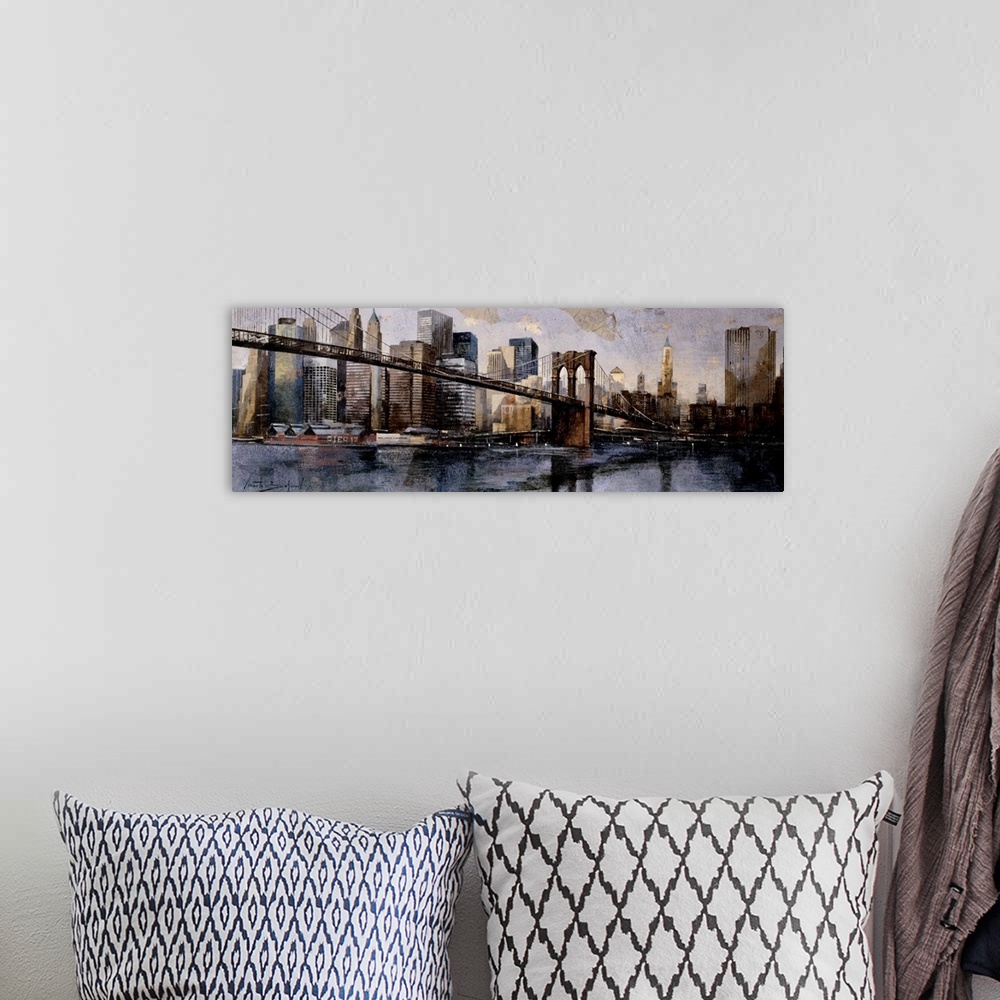 A bohemian room featuring A horizontal painting of Brooklyn Bridge with the New York cityscape behind.