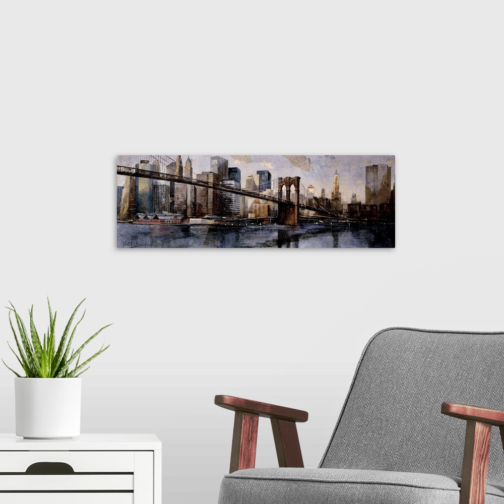 A modern room featuring A horizontal painting of Brooklyn Bridge with the New York cityscape behind.
