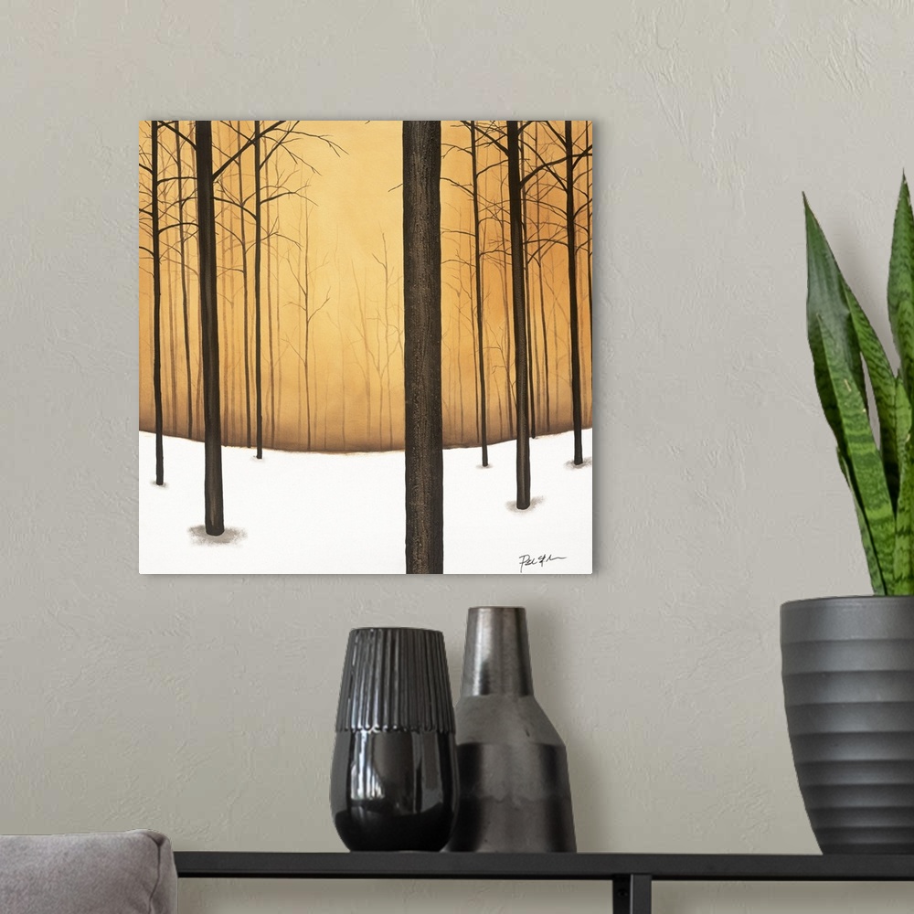 A modern room featuring Square contemporary painting of bare trees and snow in a forest with a warm background.
