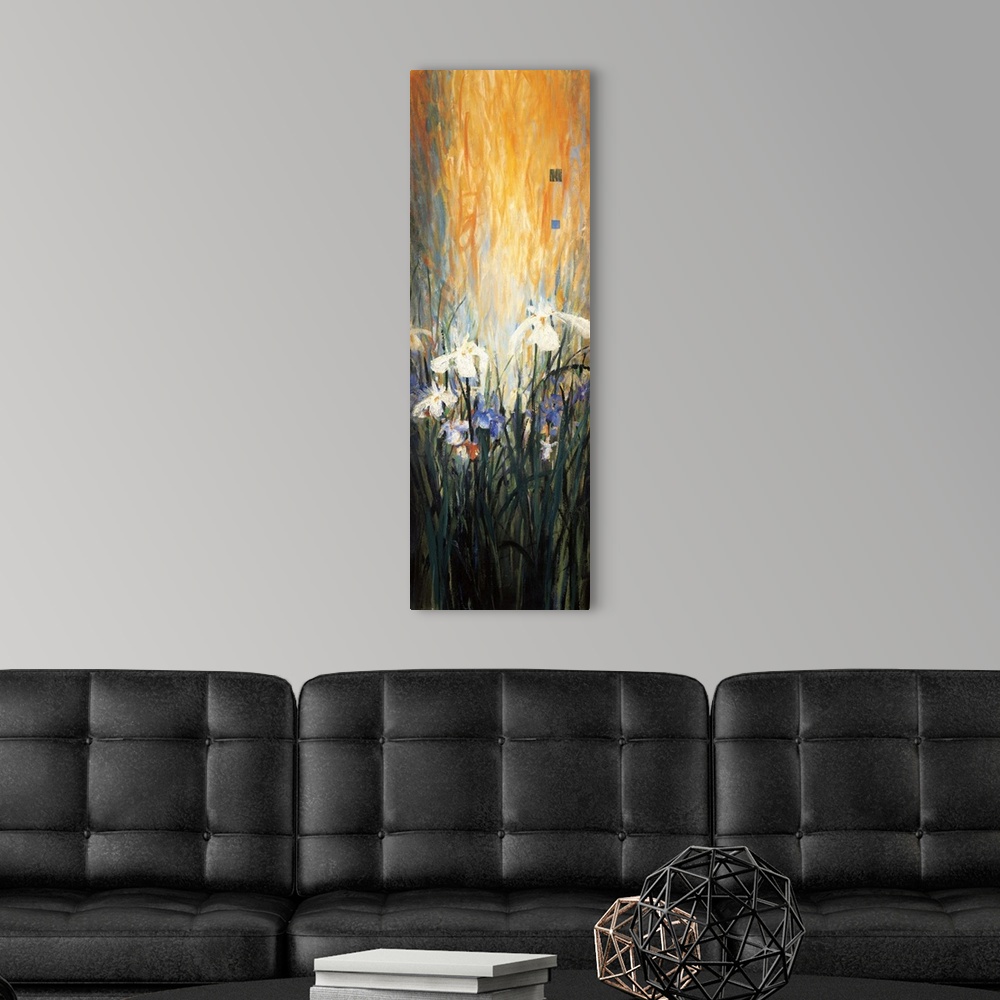 A modern room featuring A contemporary painting with white flowers with long grass and a bright orange background.