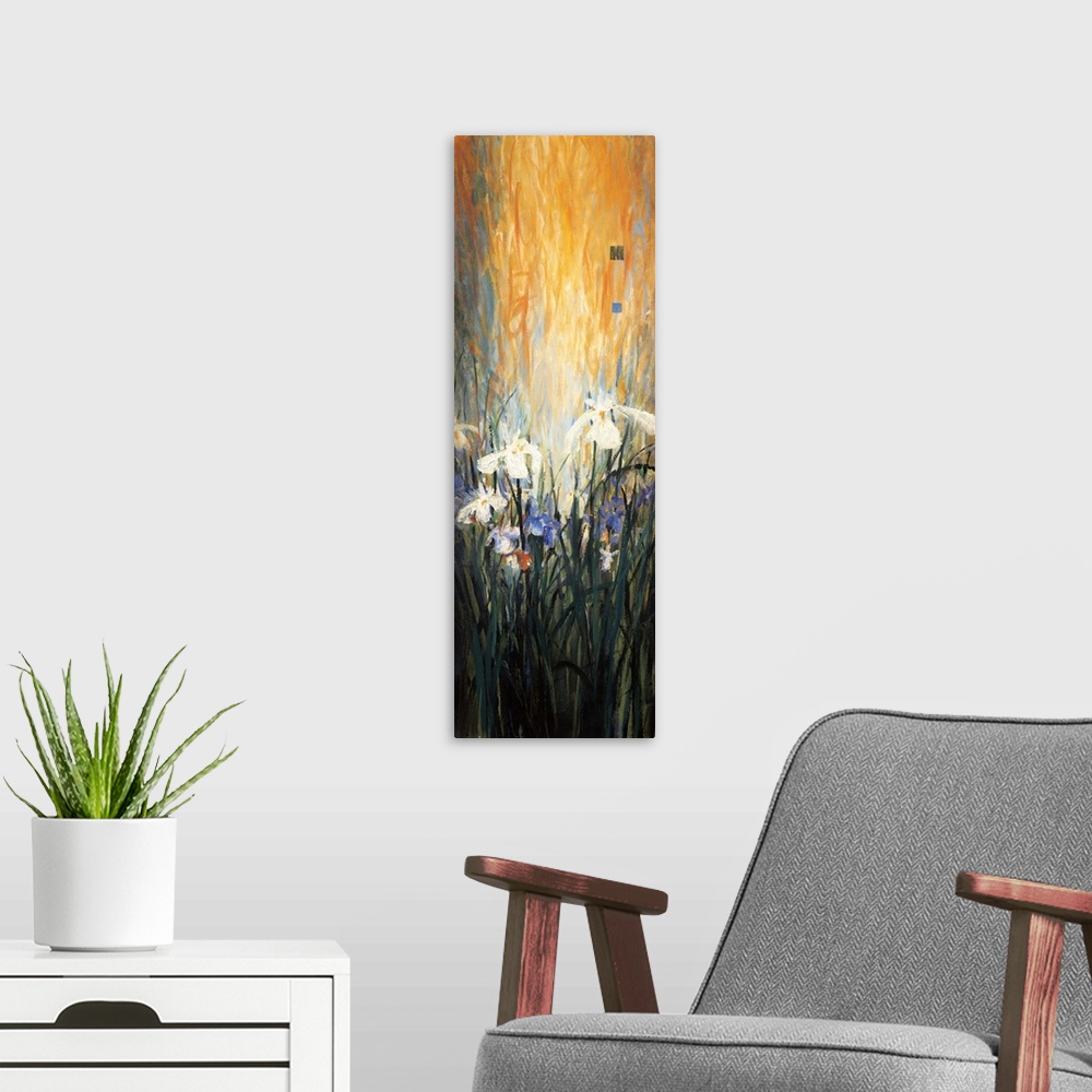 A modern room featuring A contemporary painting with white flowers with long grass and a bright orange background.