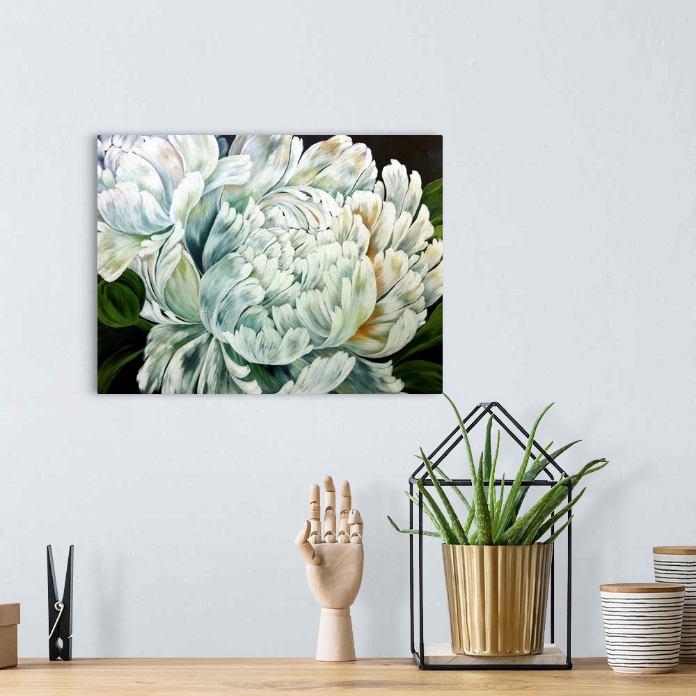 A bohemian room featuring A contemporary floral painting of a large white blooming flower with hints of gray and brown on t...