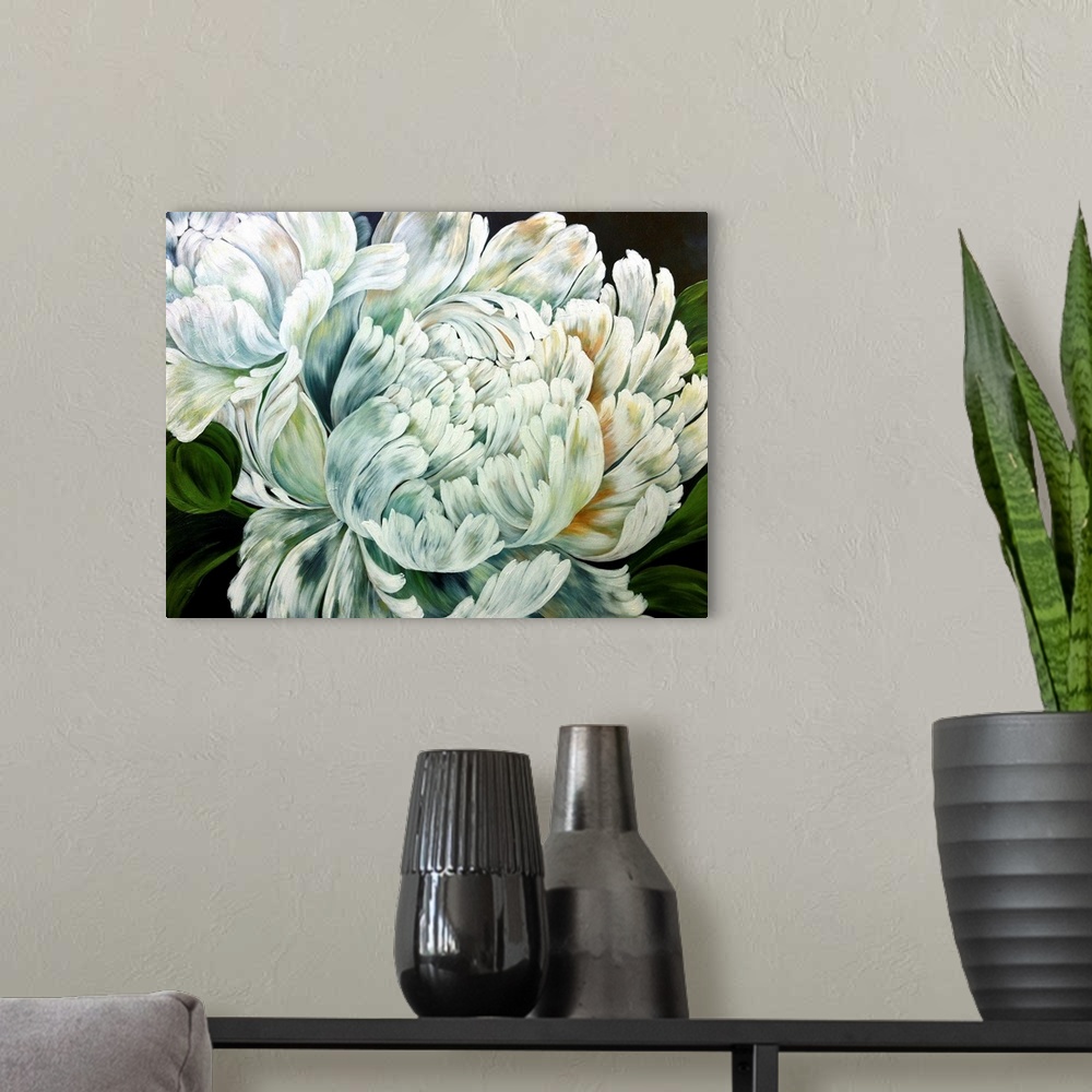 A modern room featuring A contemporary floral painting of a large white blooming flower with hints of gray and brown on t...