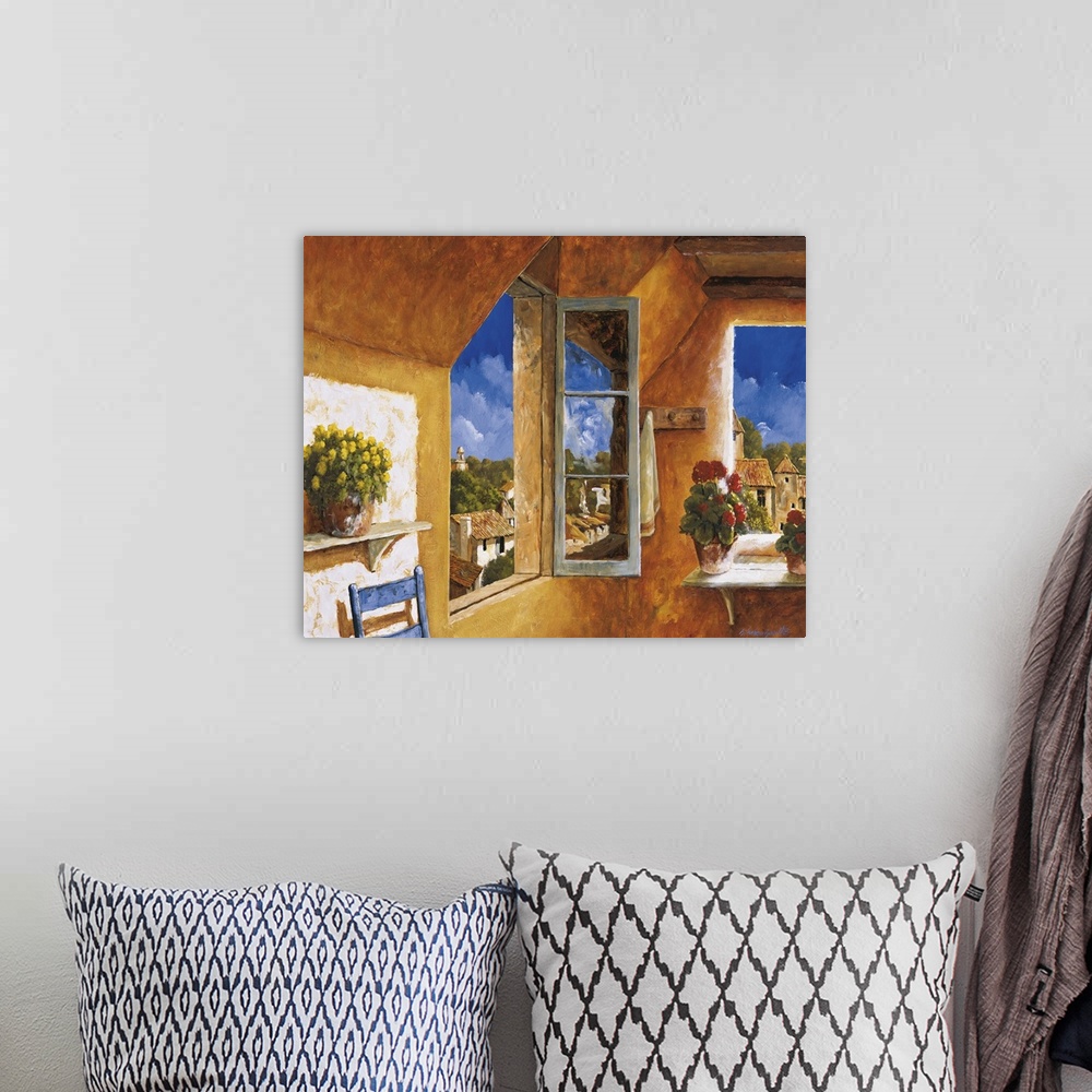 A bohemian room featuring Artwork of an open window in a home in a European village.