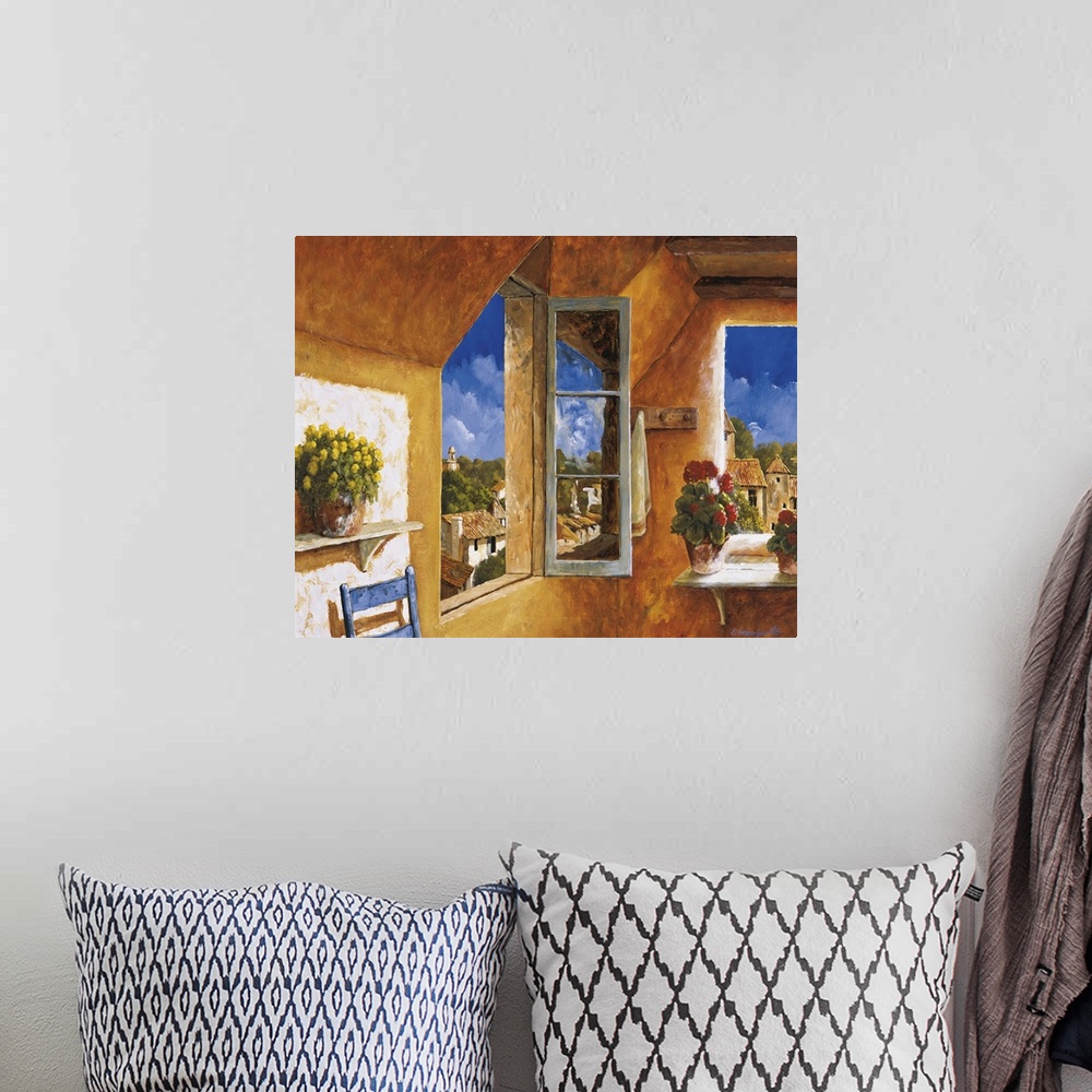 A bohemian room featuring Artwork of an open window in a home in a European village.
