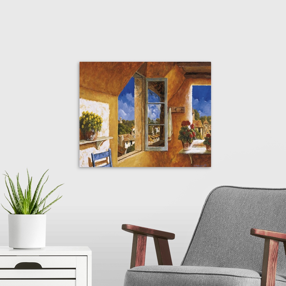 A modern room featuring Artwork of an open window in a home in a European village.