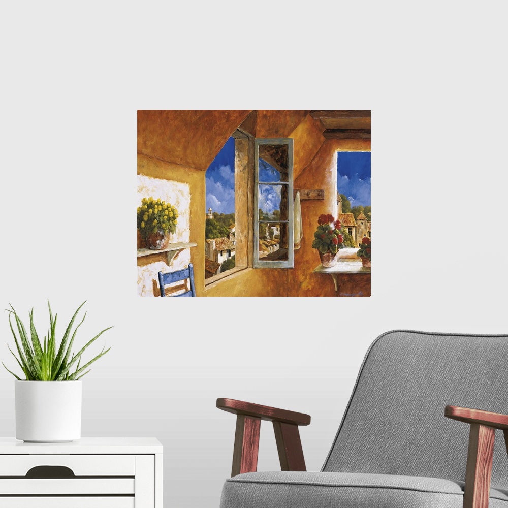 A modern room featuring Artwork of an open window in a home in a European village.