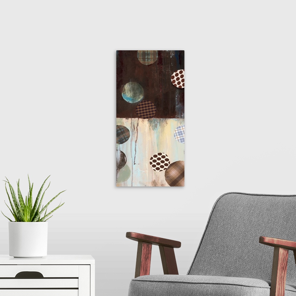 A modern room featuring Abstract painting of brown and cream with circular shapes in plaid patterns overlapping.