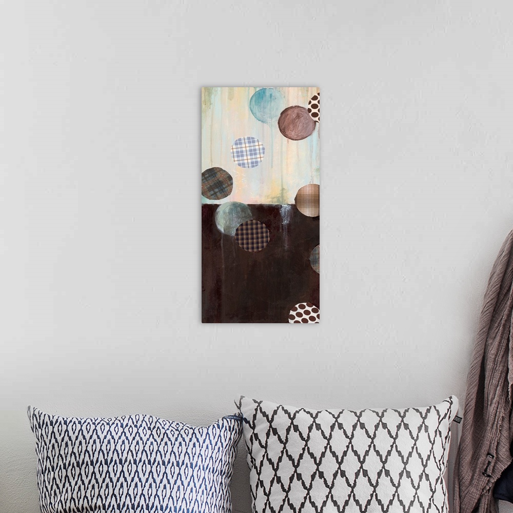 A bohemian room featuring Abstract painting of brown and cream with circular shapes in plaid patterns overlapping.