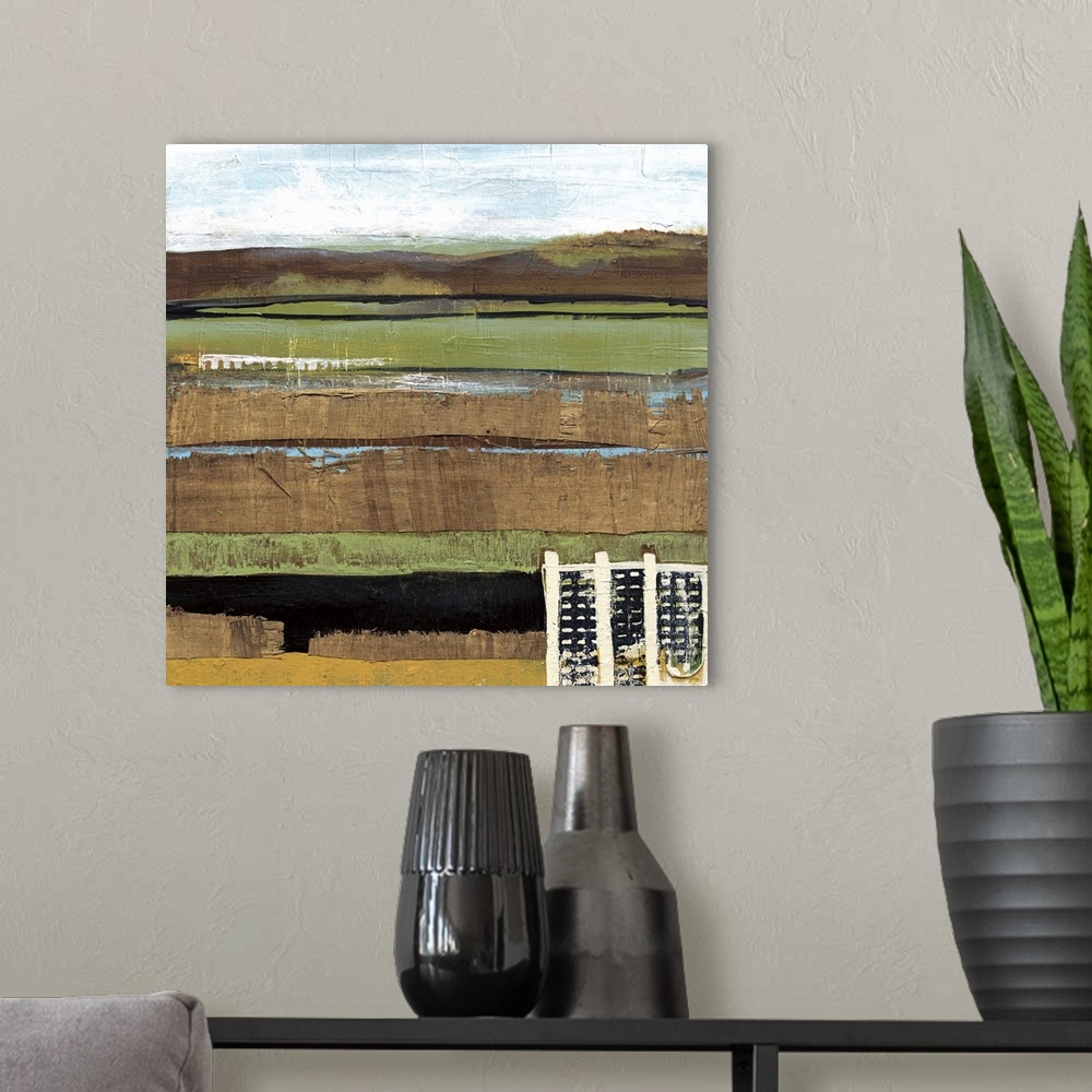 A modern room featuring A mixed media abstract of a grazing range done with wood and paint.