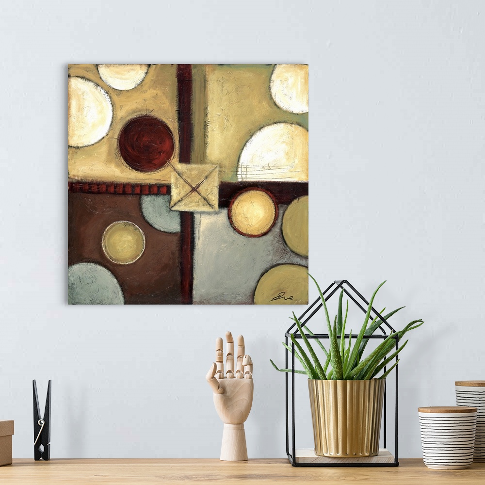 A bohemian room featuring Abstract painting of squared shapes overlapped with circular and "x" elements all done in earth t...
