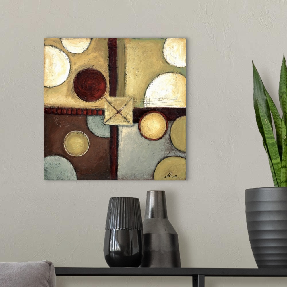 A modern room featuring Abstract painting of squared shapes overlapped with circular and "x" elements all done in earth t...
