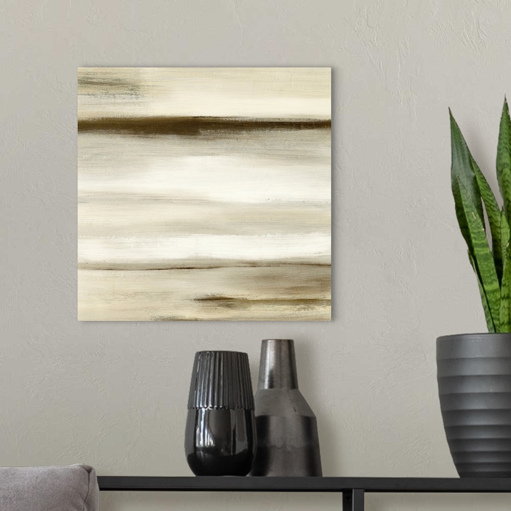 A modern room featuring An abstract painting of horizontal brush strokes in varies shades of brown.