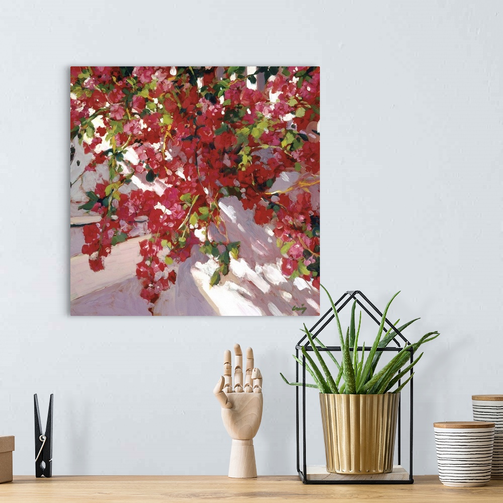 A bohemian room featuring A square contemporary painting of a red blooming hanging plant on a porch.