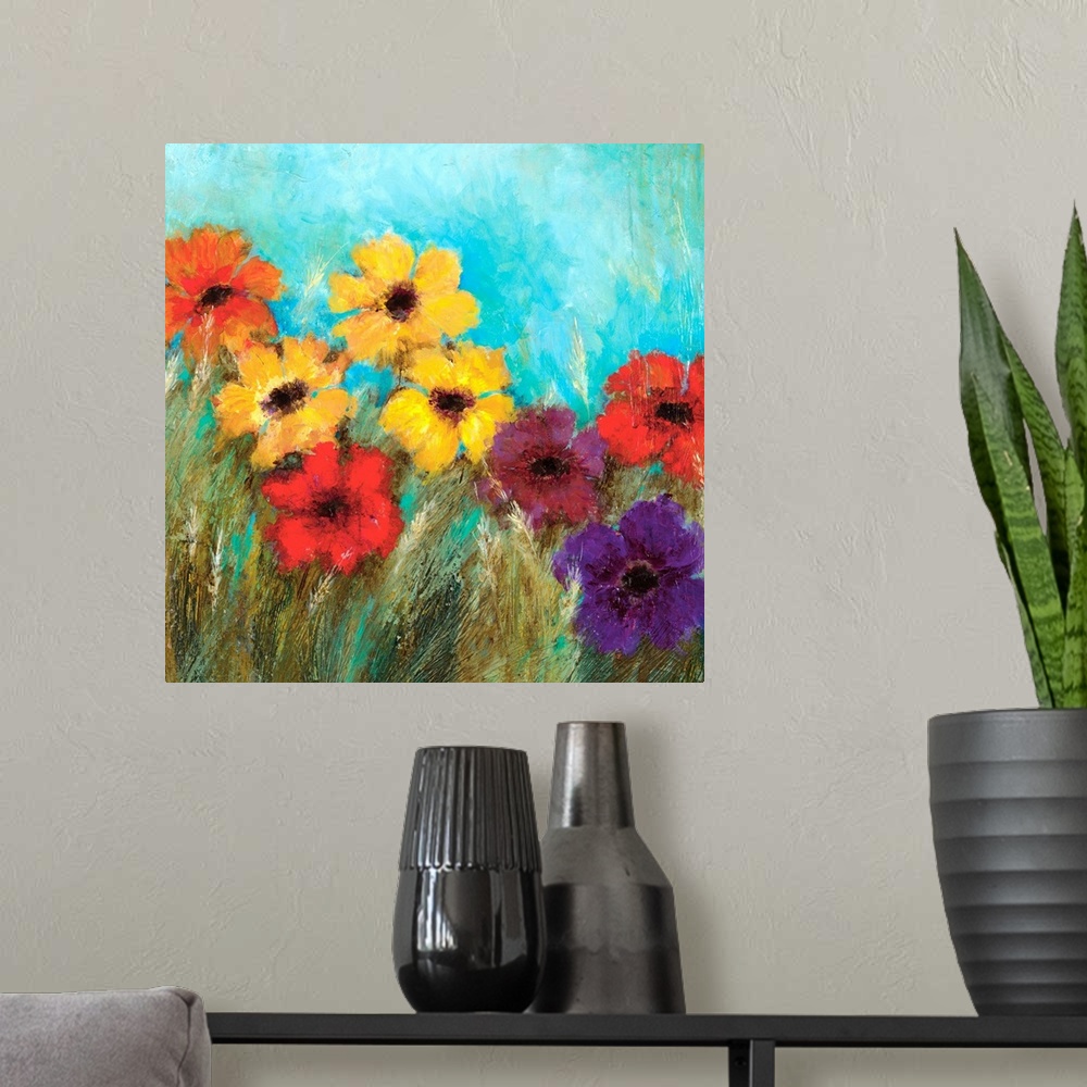 A modern room featuring Square contemporary painting of bright, colorful flowers against a teal background.