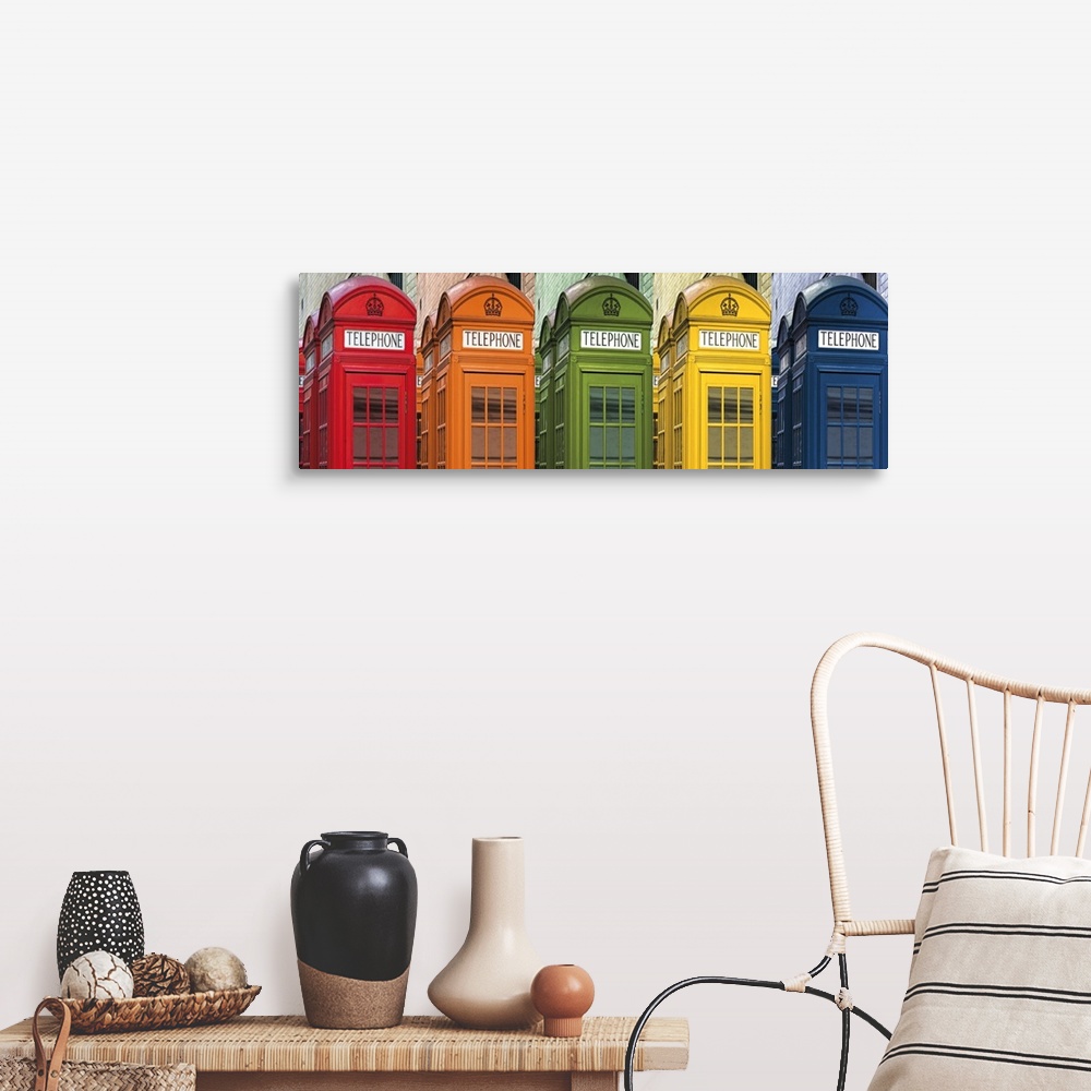 A farmhouse room featuring A panoramic photo of a telephone booth in London, England, done in different primary colors.