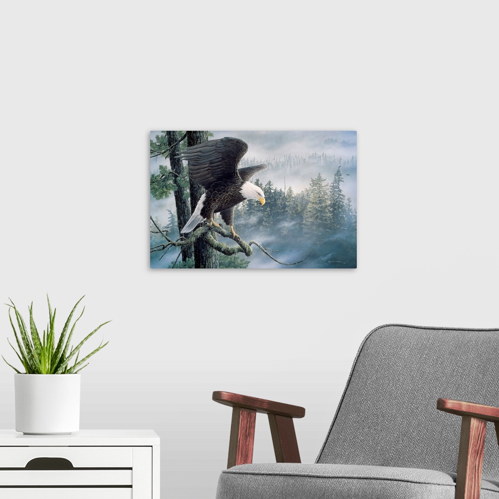 A modern room featuring A contemporary painting of a bald eagle perched on a branch, getting ready to take flight, with a...