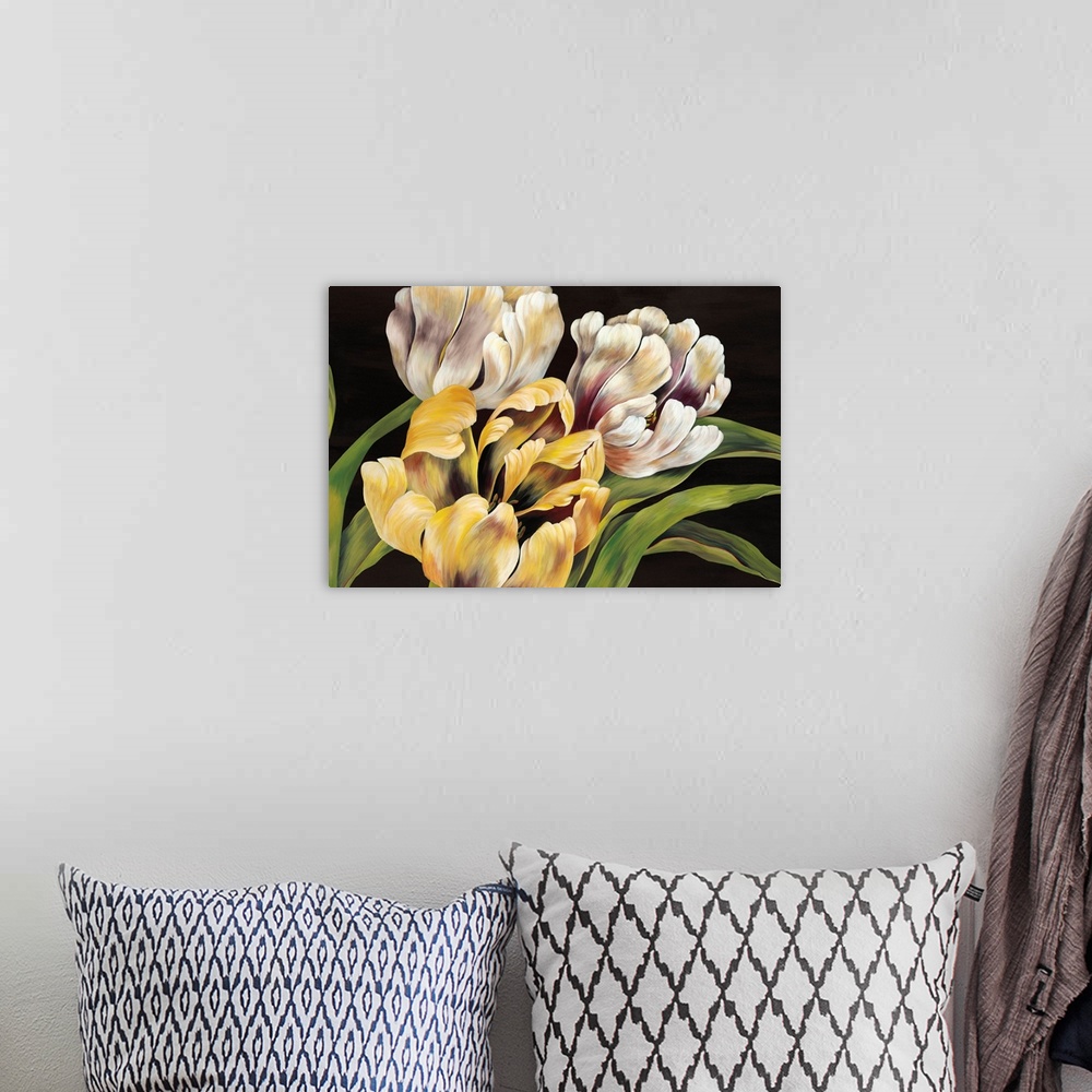 A bohemian room featuring Contemporary painting of a group of white and yellow tulips against a neutral backdrop.