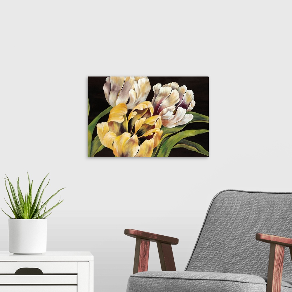 A modern room featuring Contemporary painting of a group of white and yellow tulips against a neutral backdrop.
