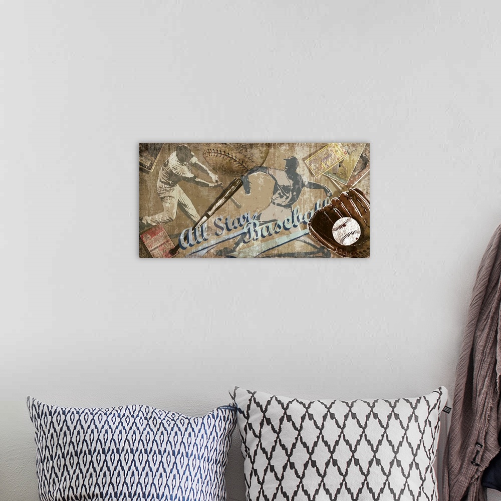 A bohemian room featuring Baseball decorative artwork with baseball items such as bat, program and ball with the text "All ...