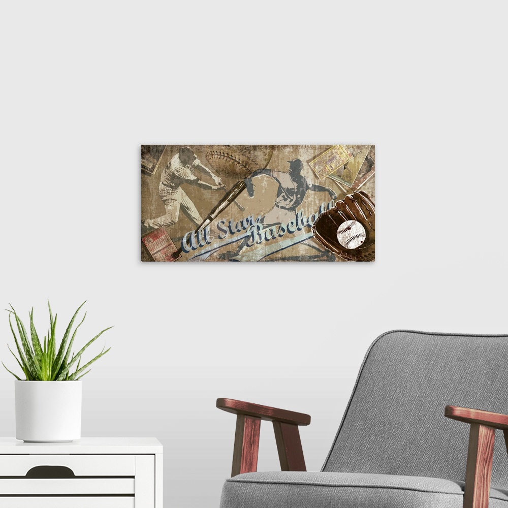 A modern room featuring Baseball decorative artwork with baseball items such as bat, program and ball with the text "All ...