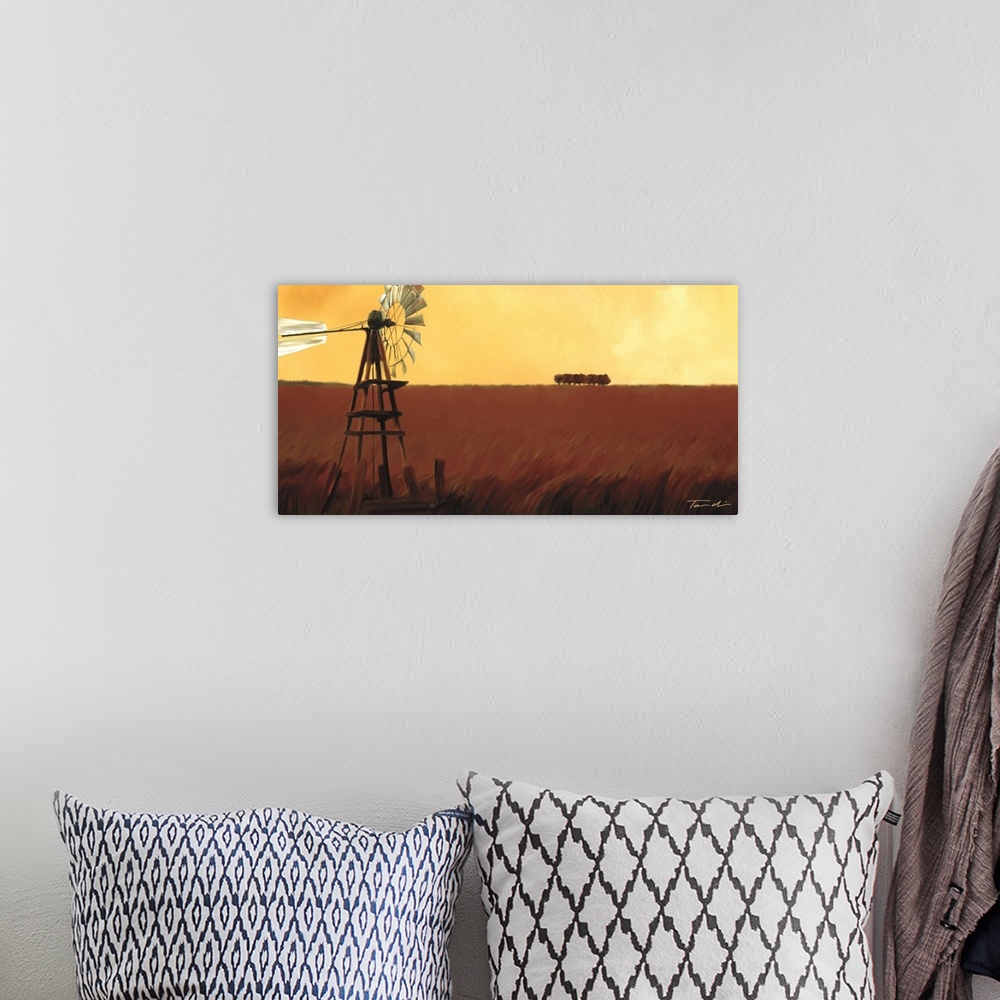 A bohemian room featuring Painting of a windmill in a red field under a yellow sky.