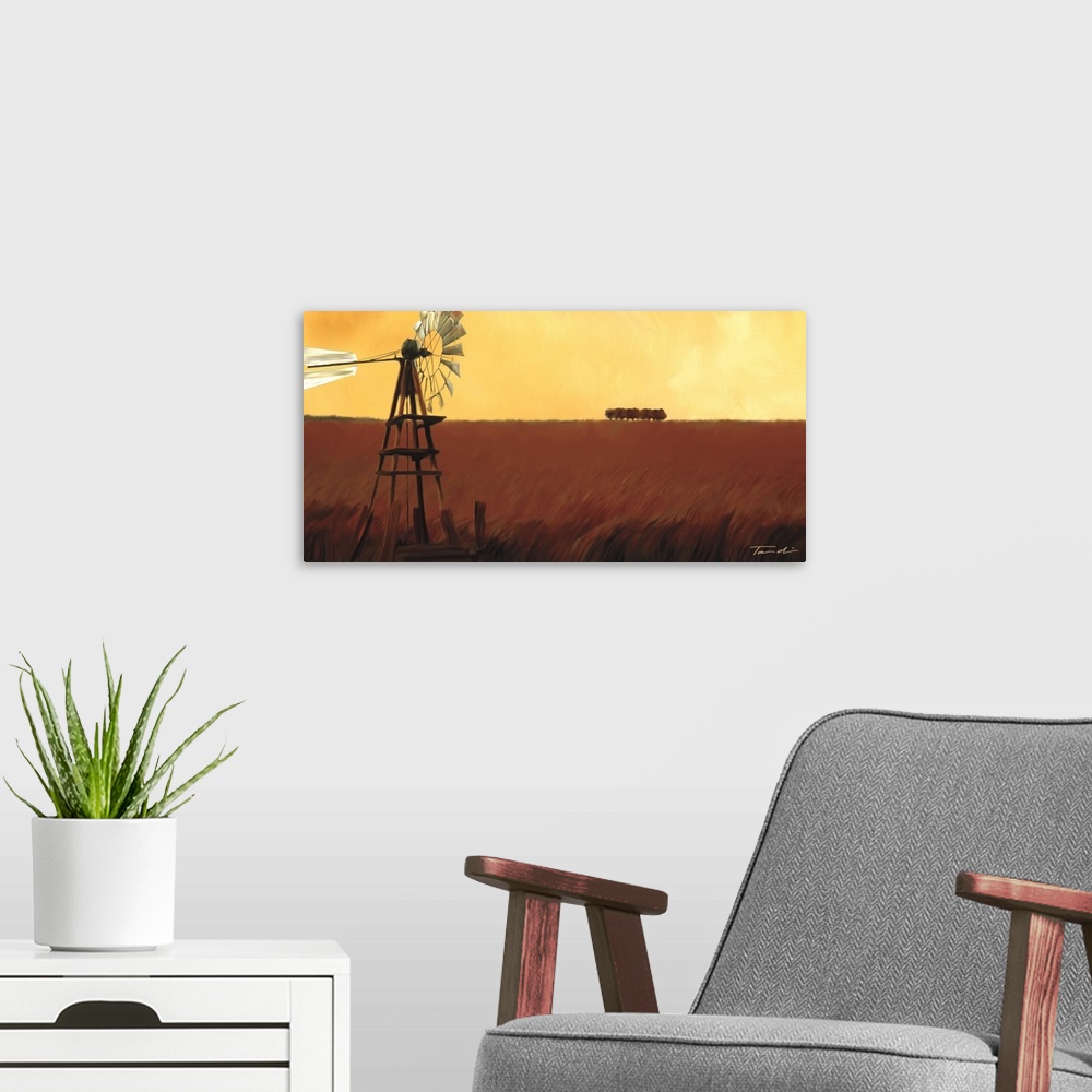 A modern room featuring Painting of a windmill in a red field under a yellow sky.